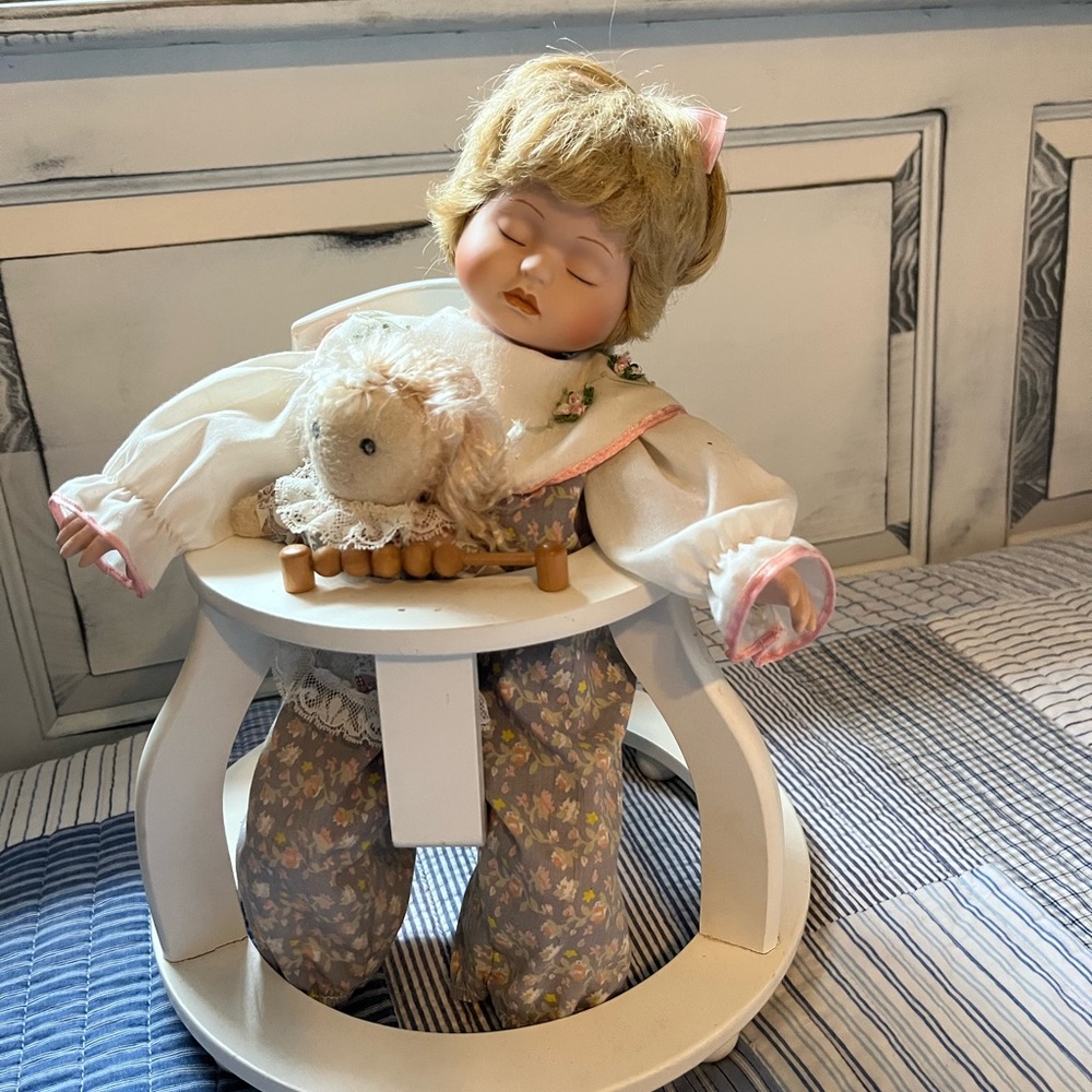 Charming Porcelain Doll with Chair